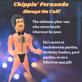 Merrimix Fernando inflatable doll setup at a bachelor party table.