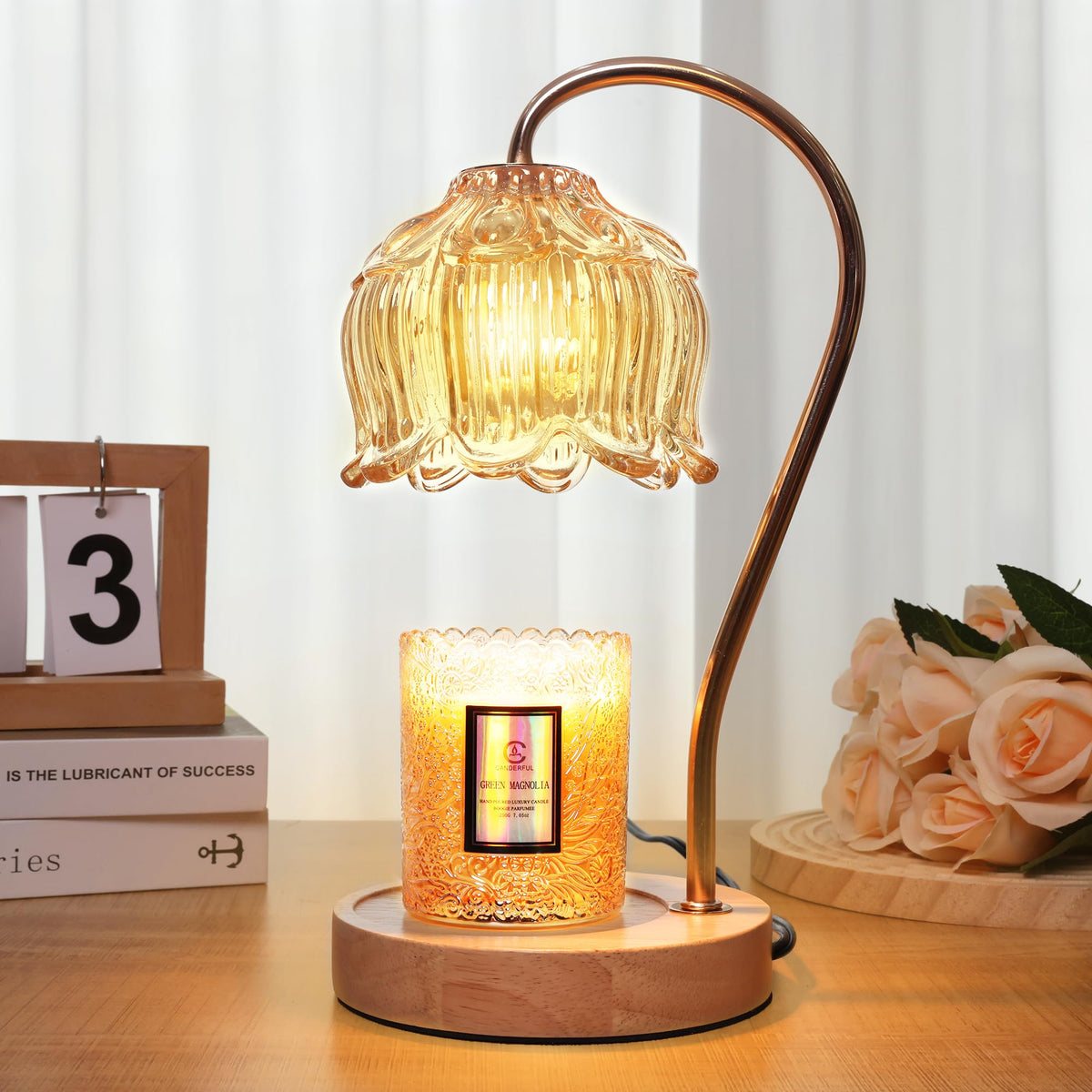 Merrtody flower candle warmer front view with timer and wood base