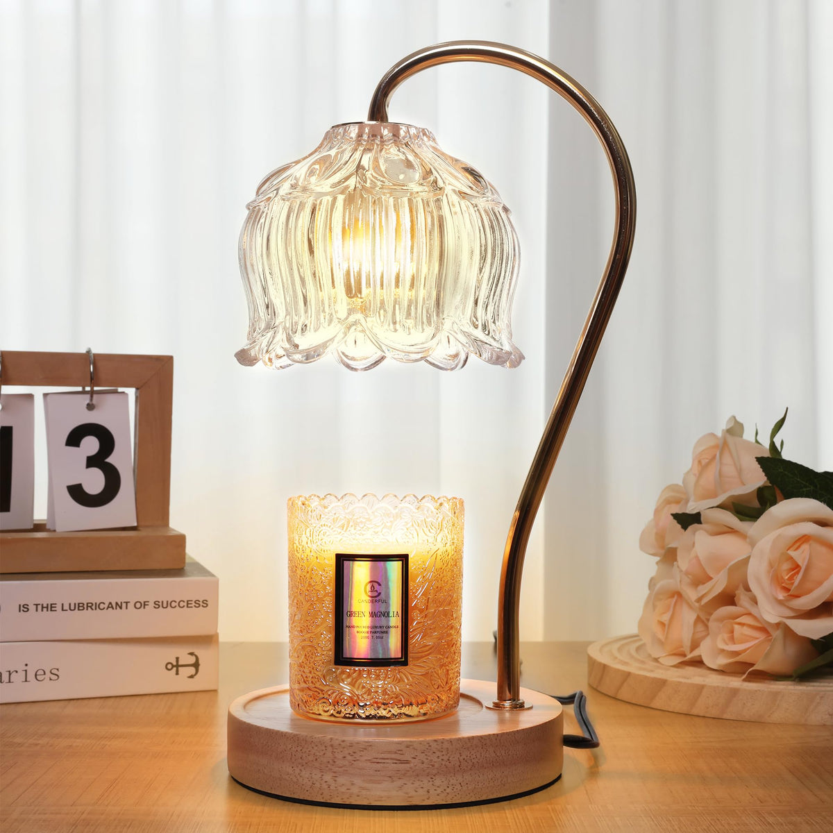 Merrtody flower candle warmer lamp base shows sturdy wood design for safe heating