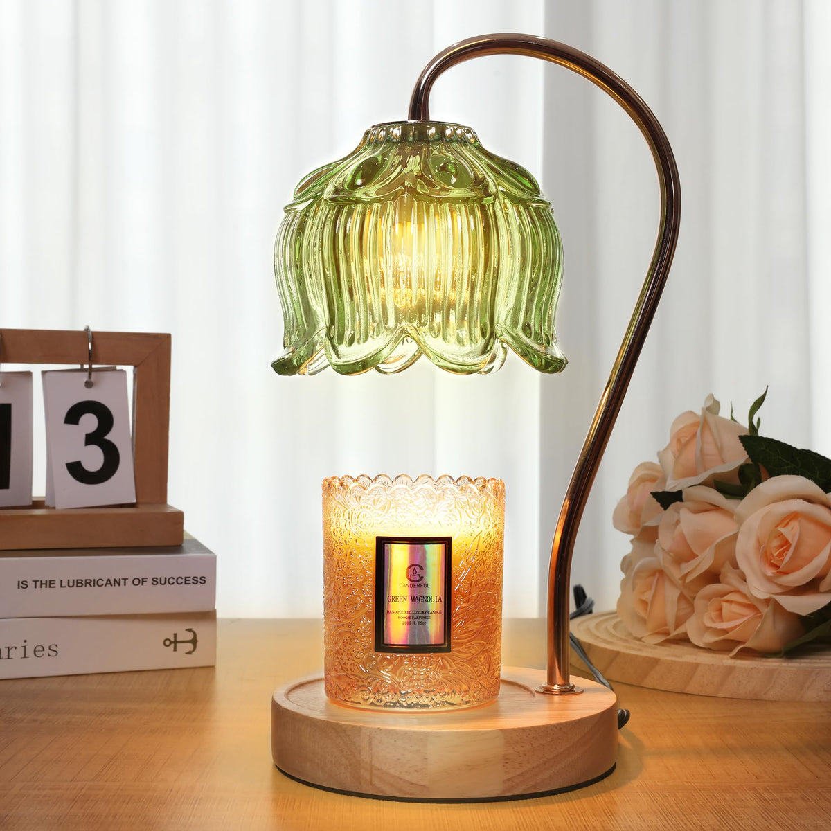 Merrtody flower candle warmer lamp with timer glows softly for continuous fragrance.
