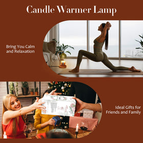 Merrtody warmer lamp sits beside a scented candle on a coffee table.