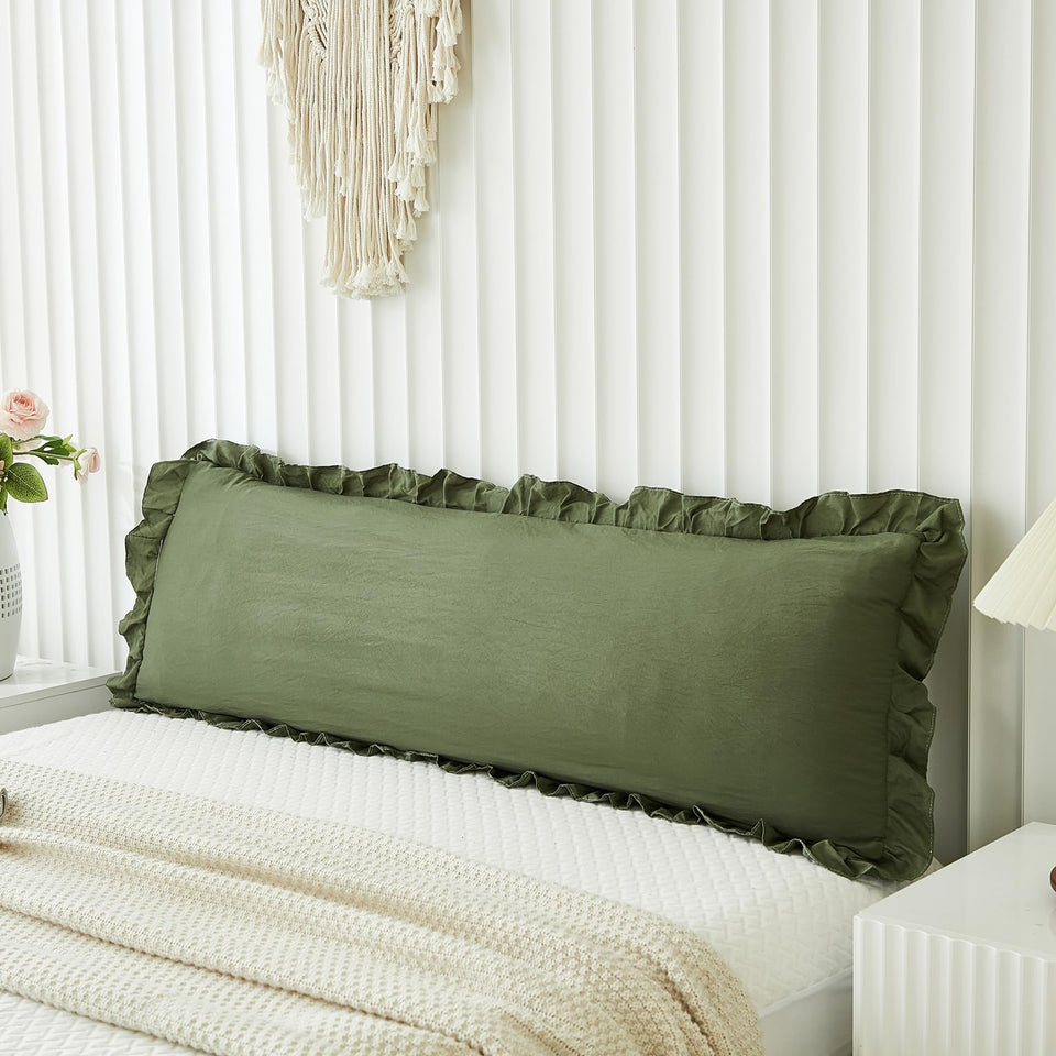 Merryword olive-green body pillow cover on bed adds warm shabby chic style.