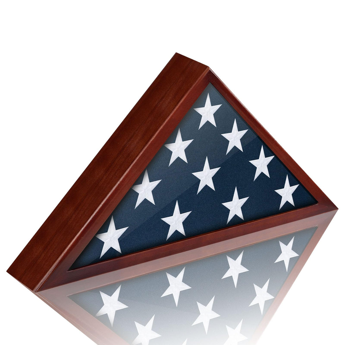 Meryndou flag display case front view in red finish shows a polished solid wood frame
