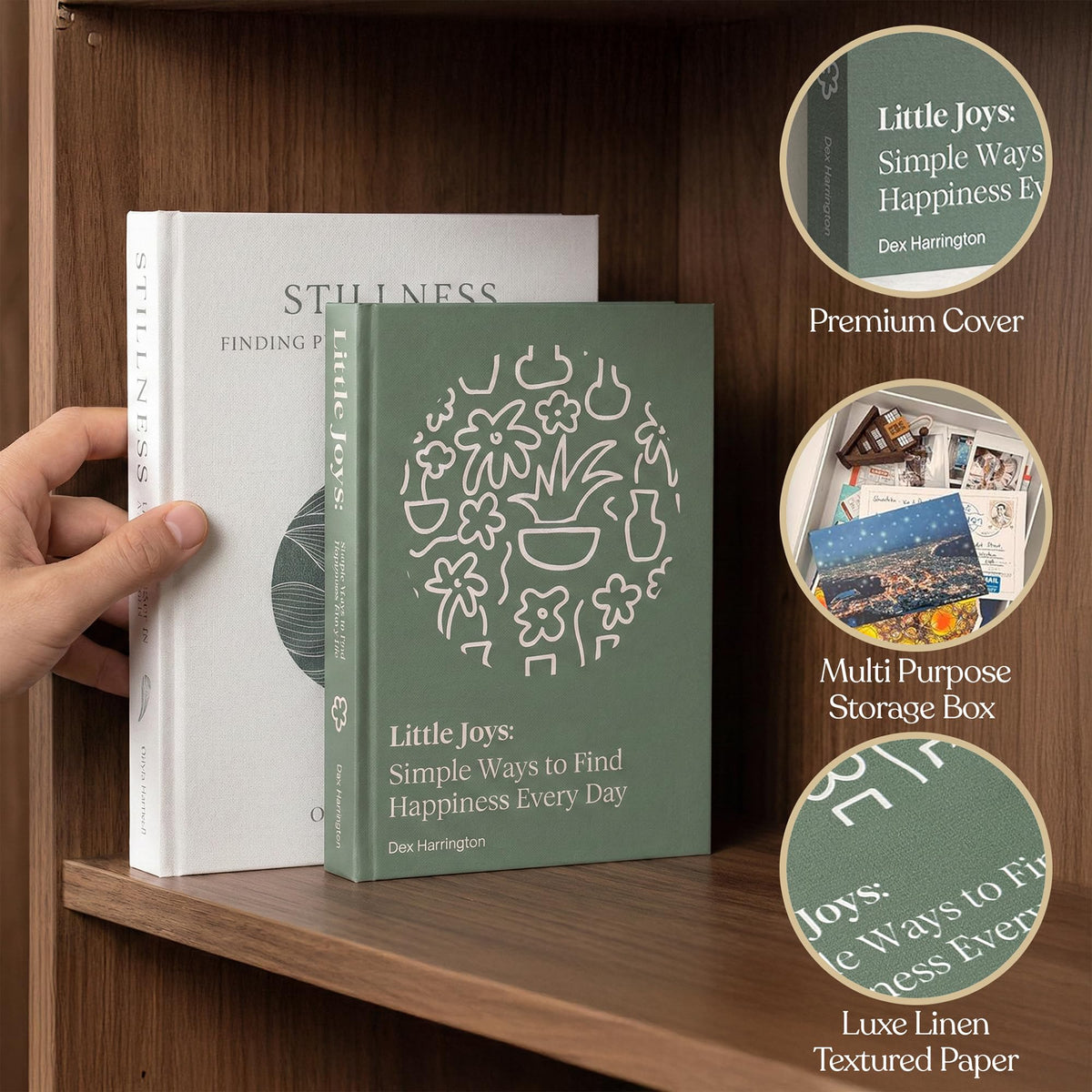 MESMOS two-book shelf display on a living room shelf