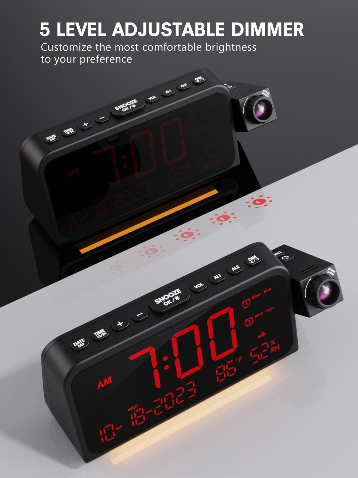 Mesqool clock provides 7-level alarm volume for tailored wake-ups.