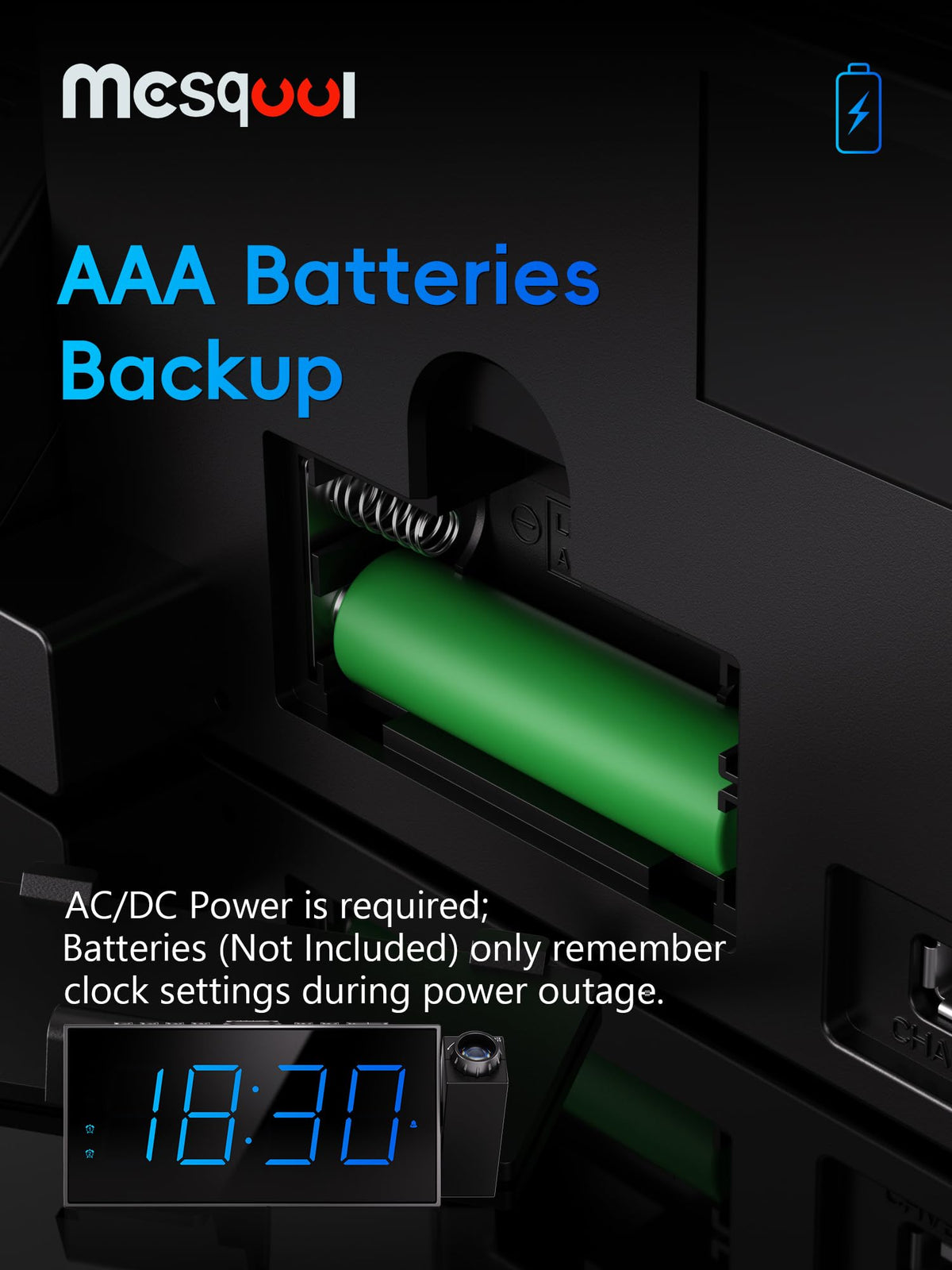Mesqool battery backup preserves time settings during outages
