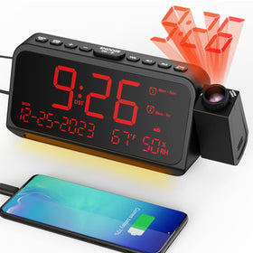 Mesqool projection clock displays large time on bedroom wall for easy viewing.