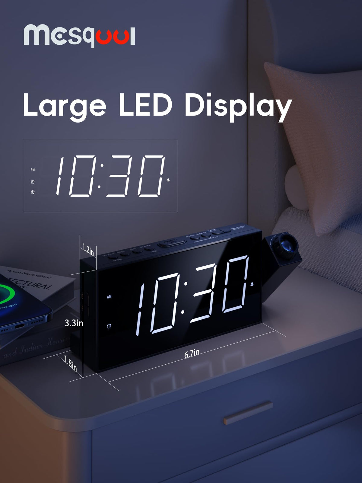 Mesqool ceiling projection clock offers adjustable brightness for comfortable nights