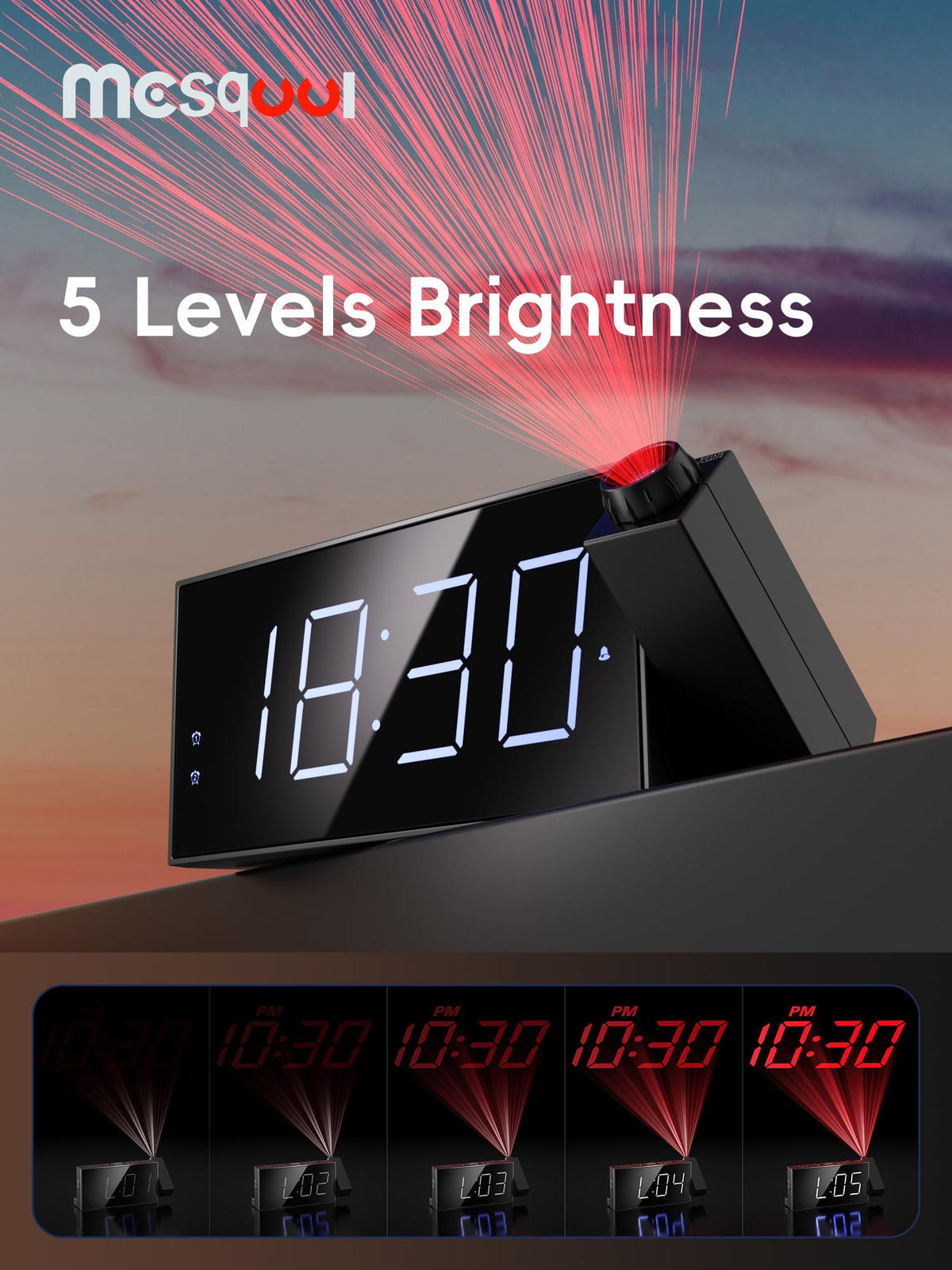Mesqool clock with five volume levels for personalized wake-up strength