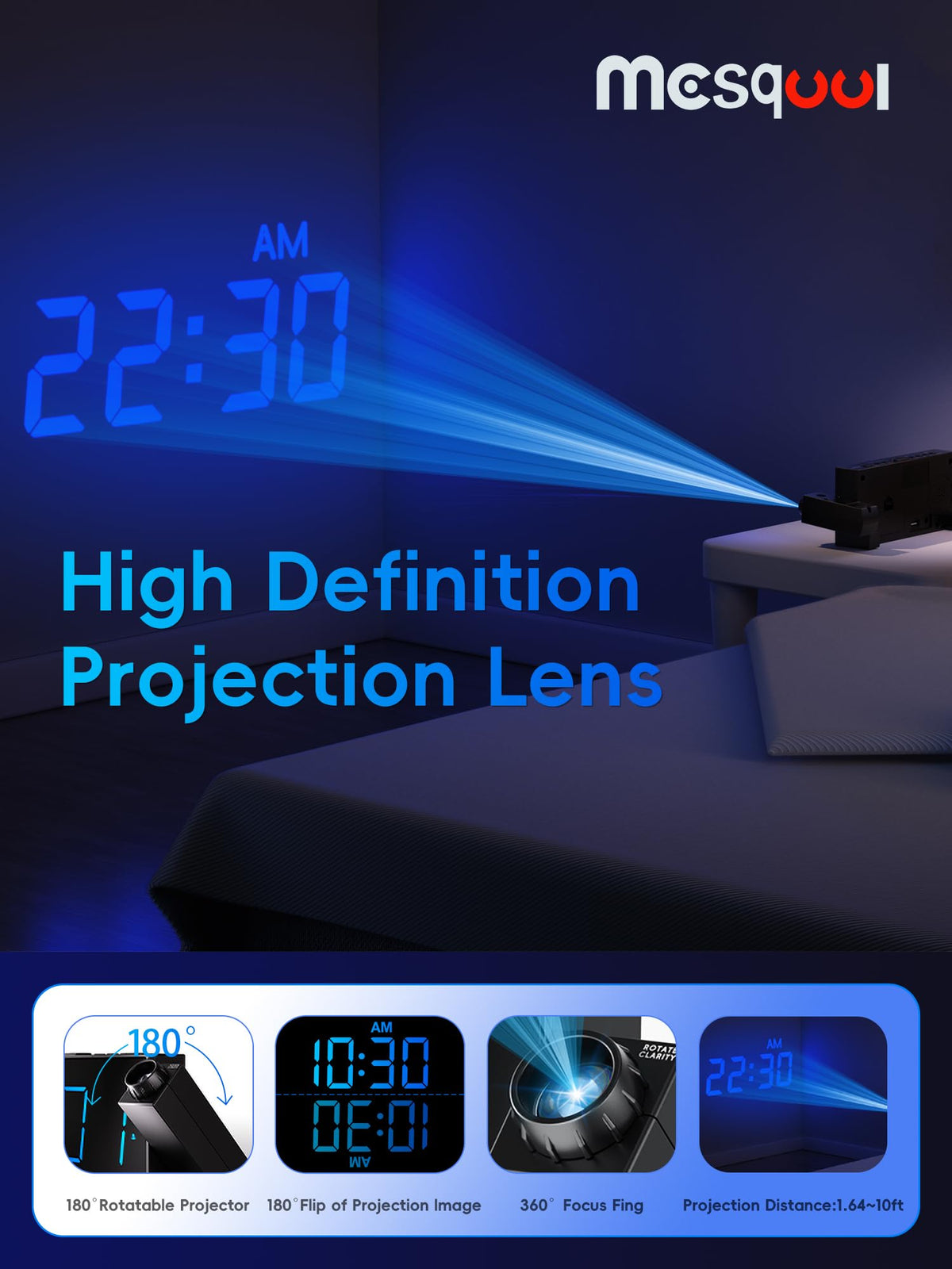Mesqool clock offers a five-level dimmer to customize brightness at night