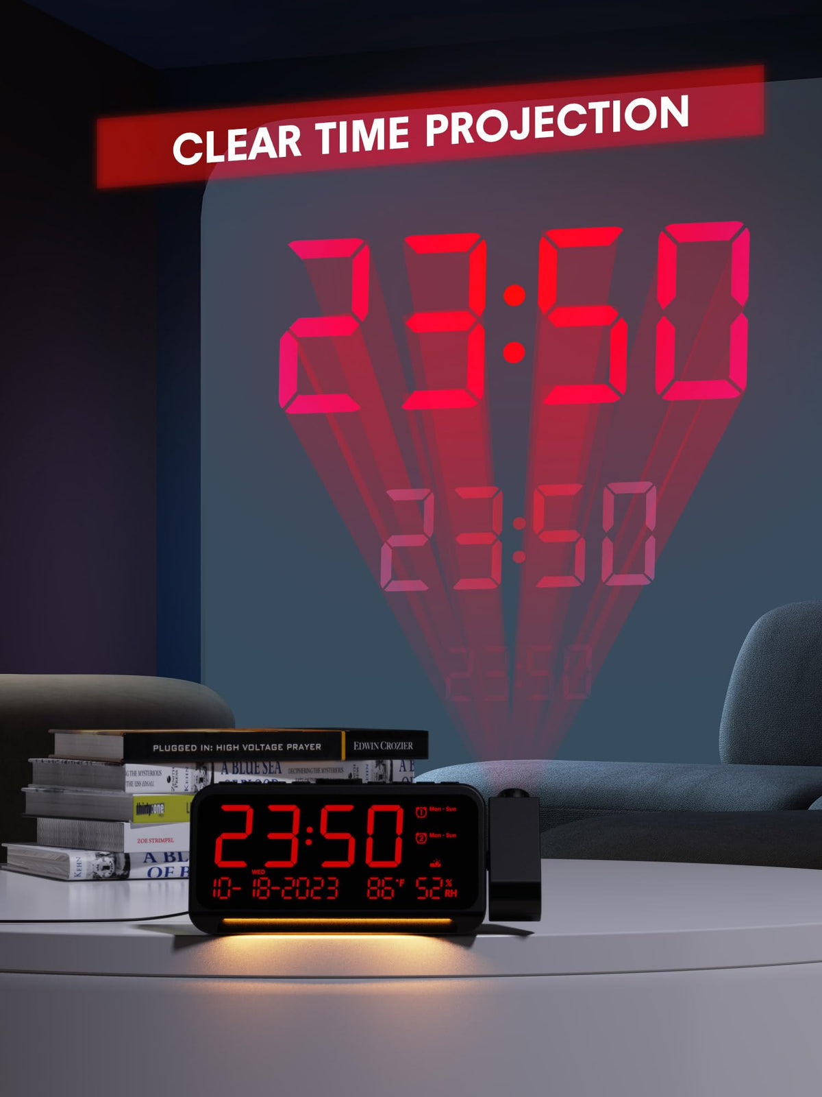 Mesqool clock features large LED display with date and temperature readouts.