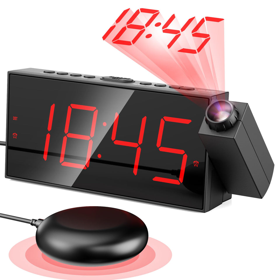 Mesqool projection alarm clock with bed shaker for heavy sleepers