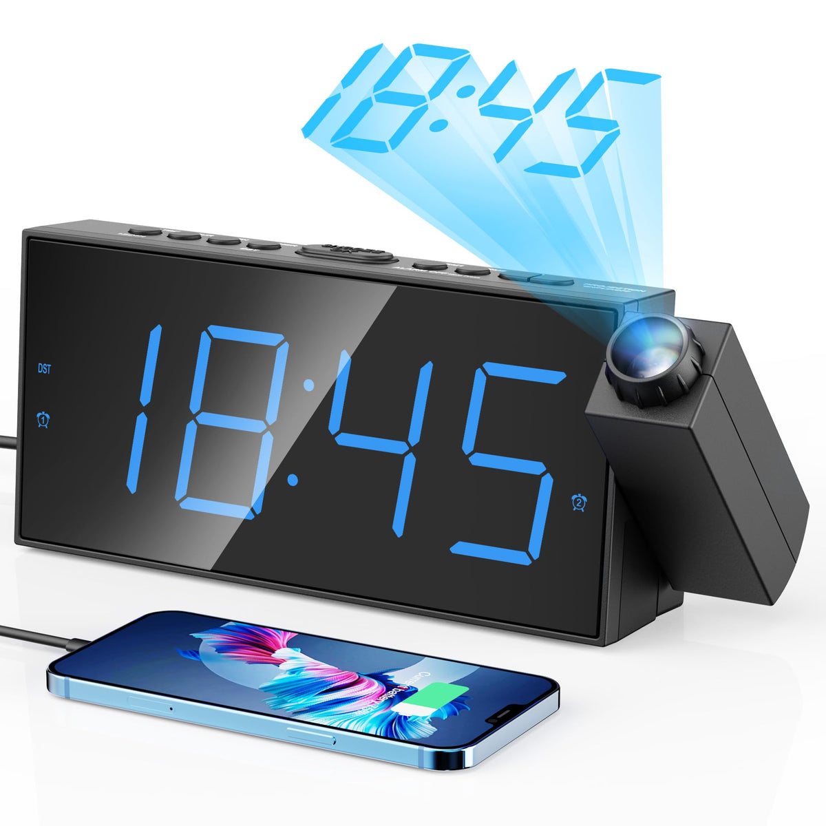 Mesqool projection alarm clock with 7-inch display projects time clearly on walls