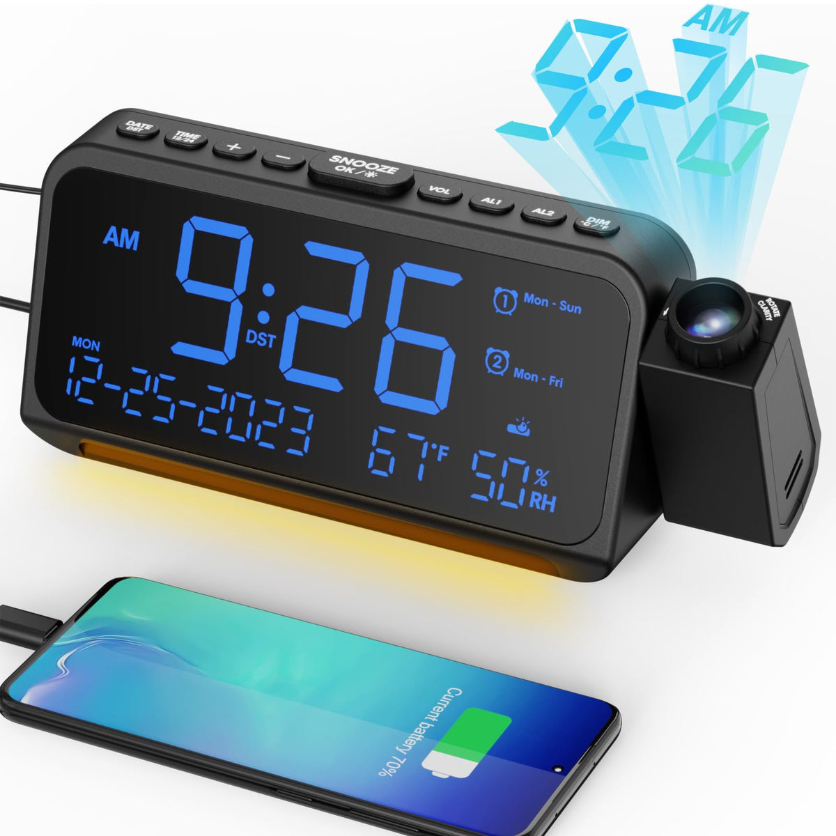 Mesqool projection clock on ceiling with 180° swivel for easy time viewing.