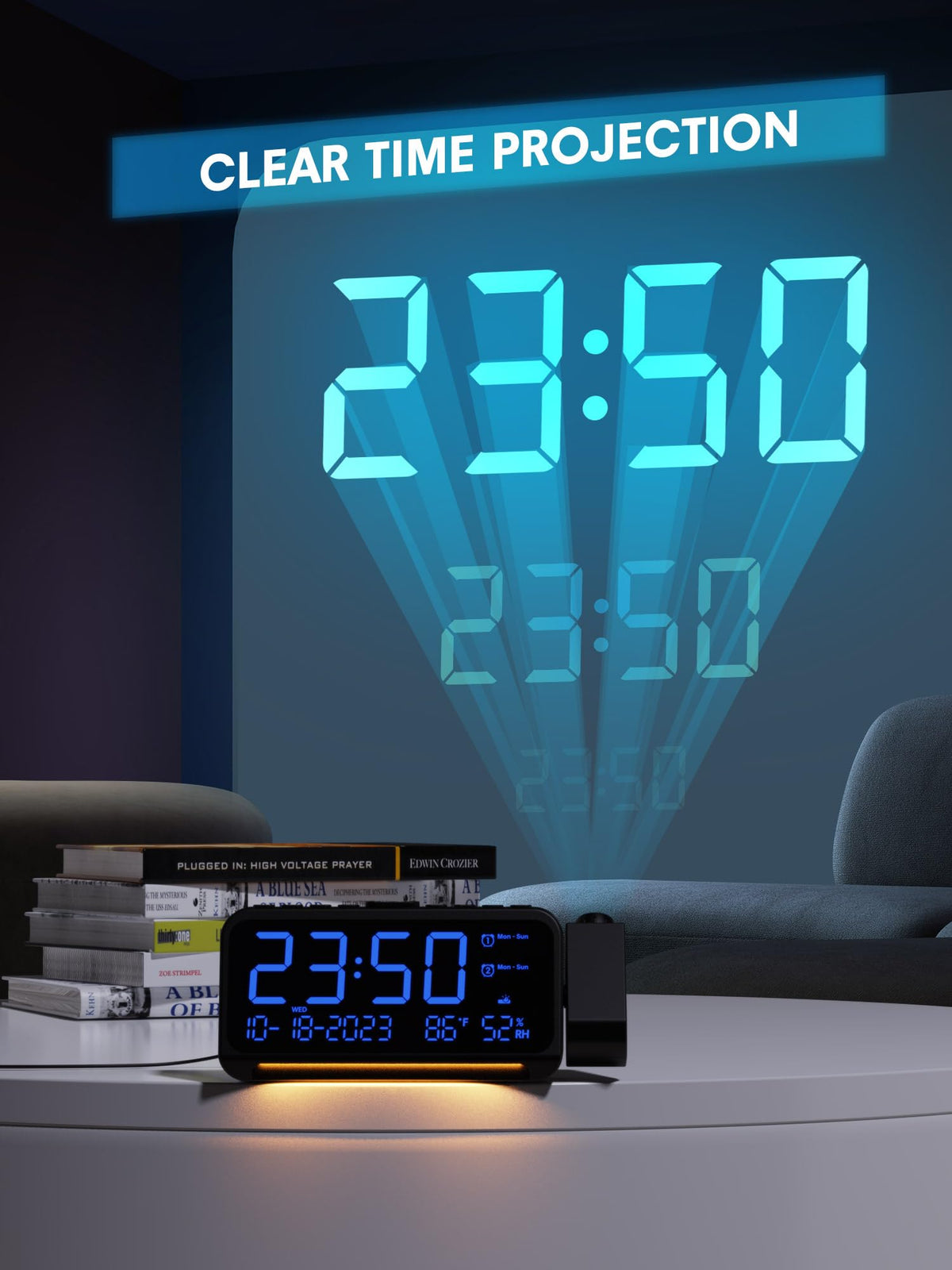 Mesqool clock displays humidity and temperature for quick room comfort checks.