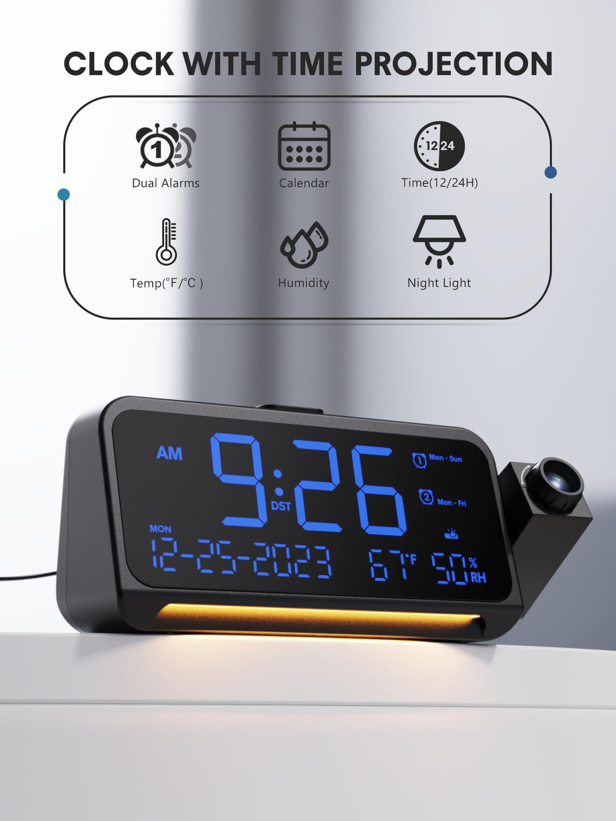 Mesqool large 5.9-inch LED display shows date, temperature and humidity at a glance.