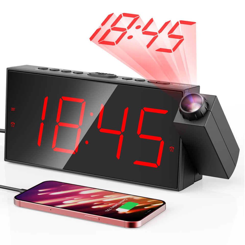 Mesqool projector alarm clock with 180-degree projection for easy ceiling reading.