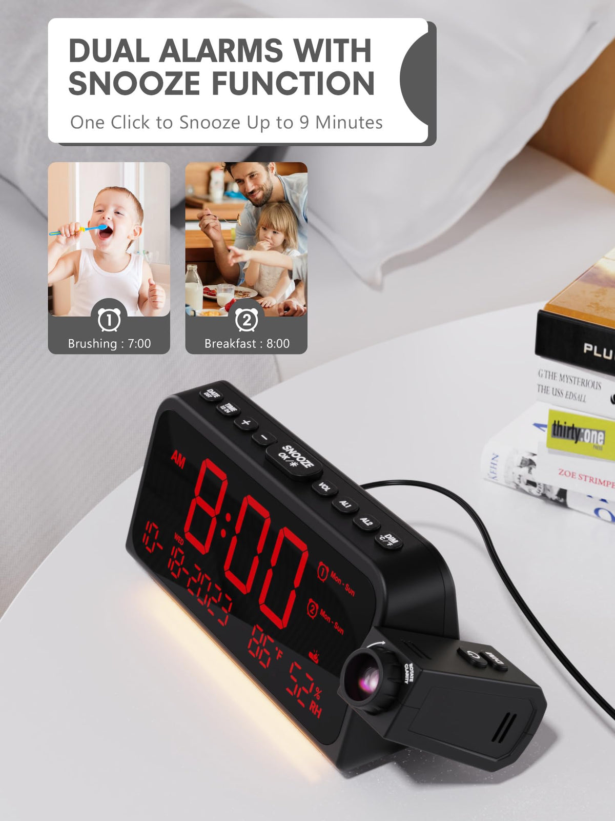 Mesqool clock includes USB-C and USB ports for convenient device charging.