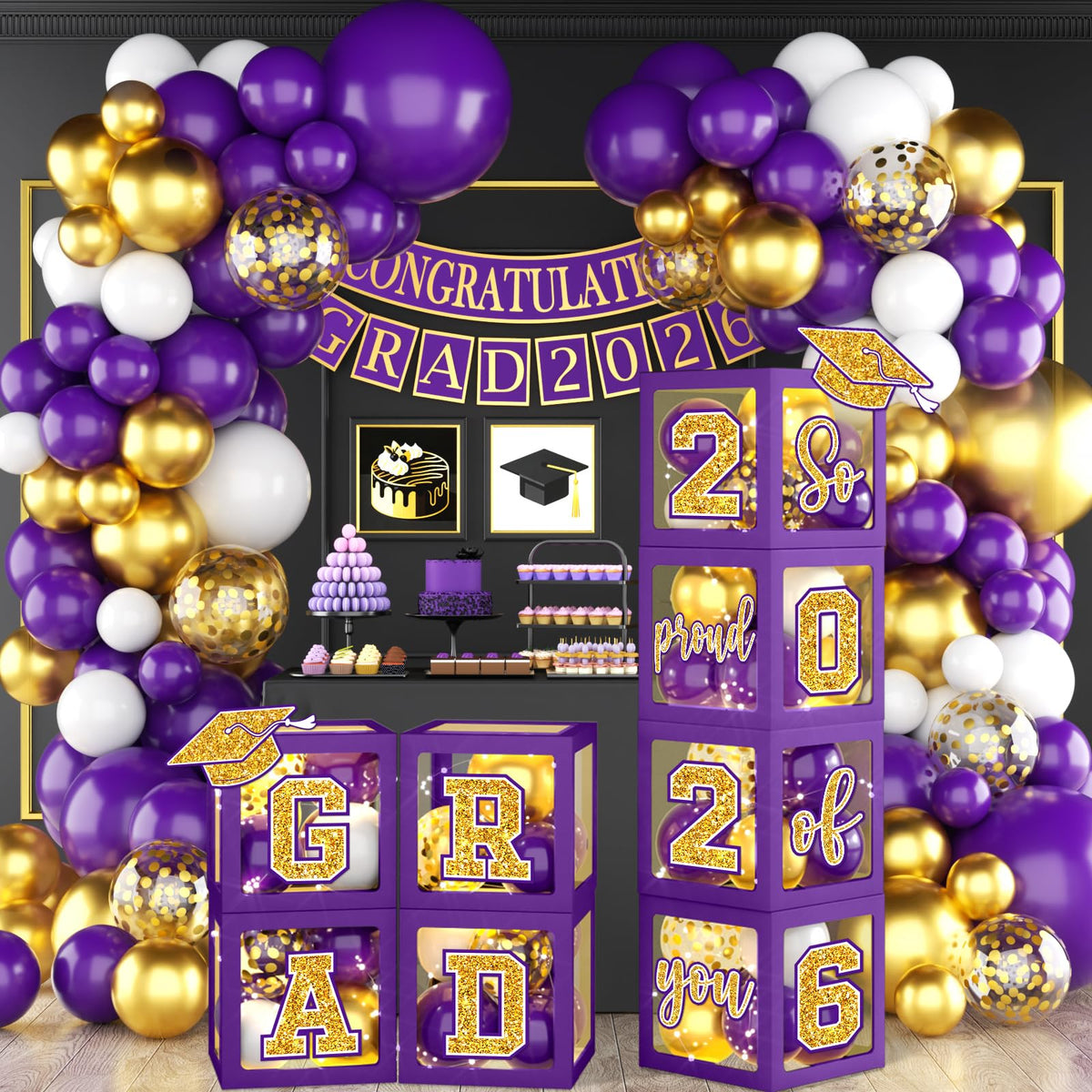 Meuqeaju graduation arch in purple and gold for an eye-catching photo backdrop
