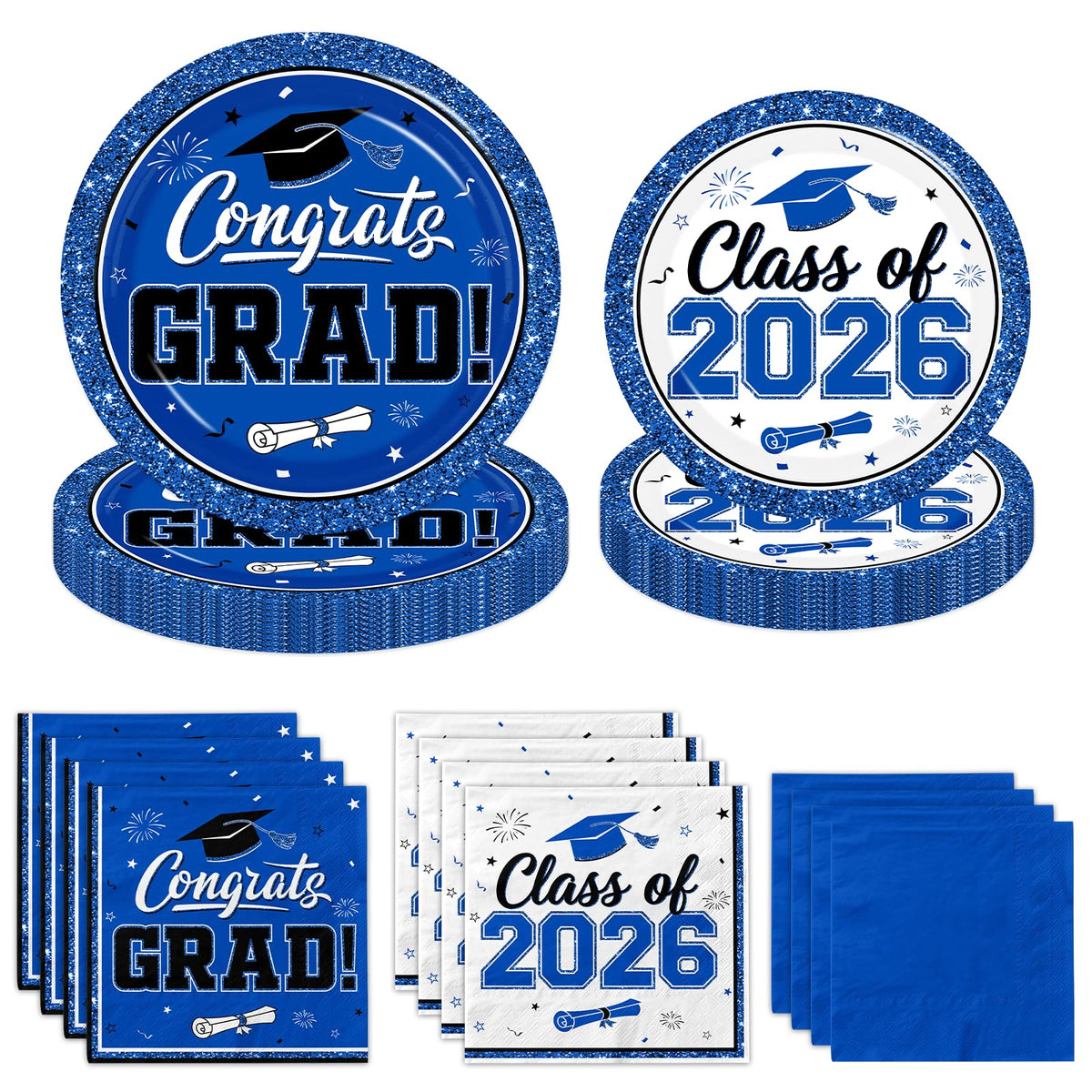 Meuqeaju graduation plates and napkins collection in blue for a coordinated Class of 2026 celebration