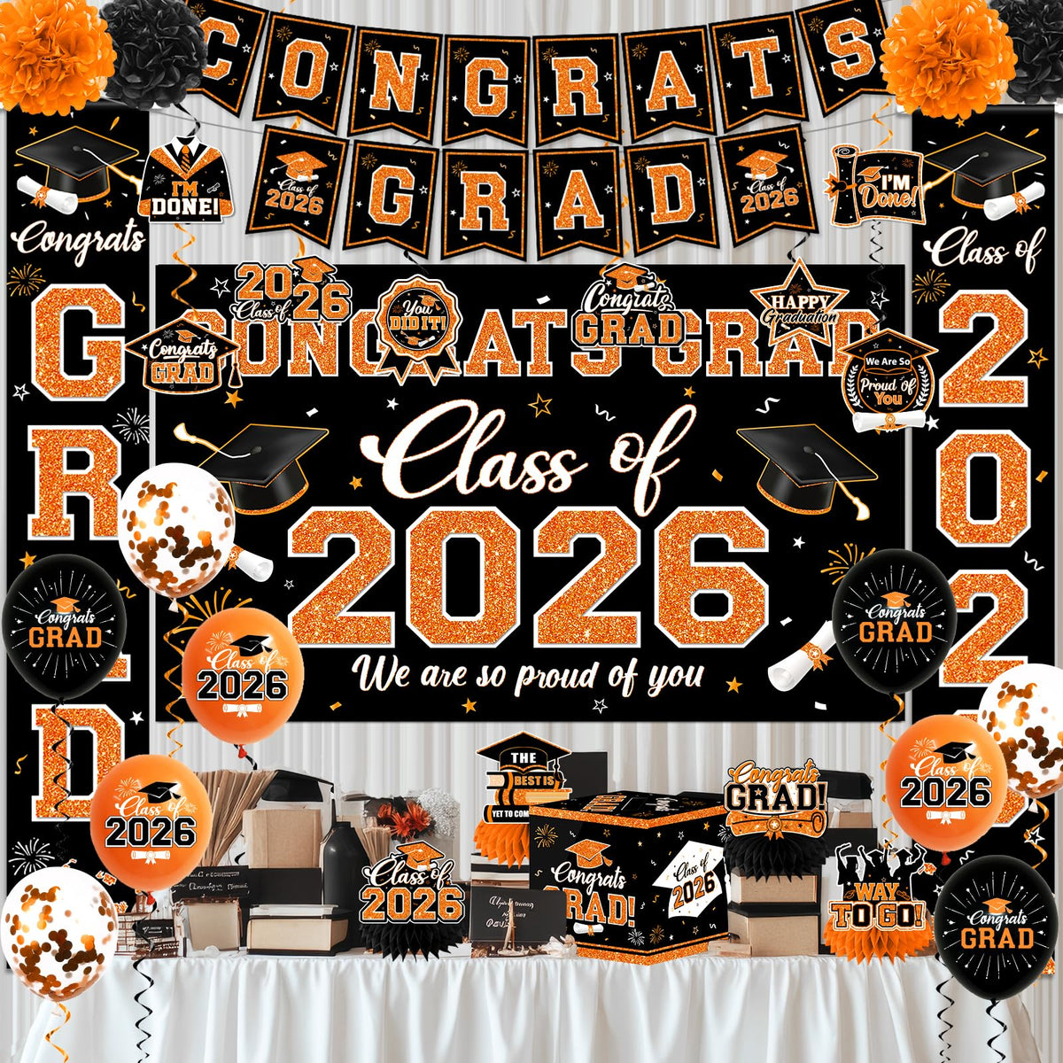 Meuqeaju orange graduation pompoms brighten tables and photos with bold color.