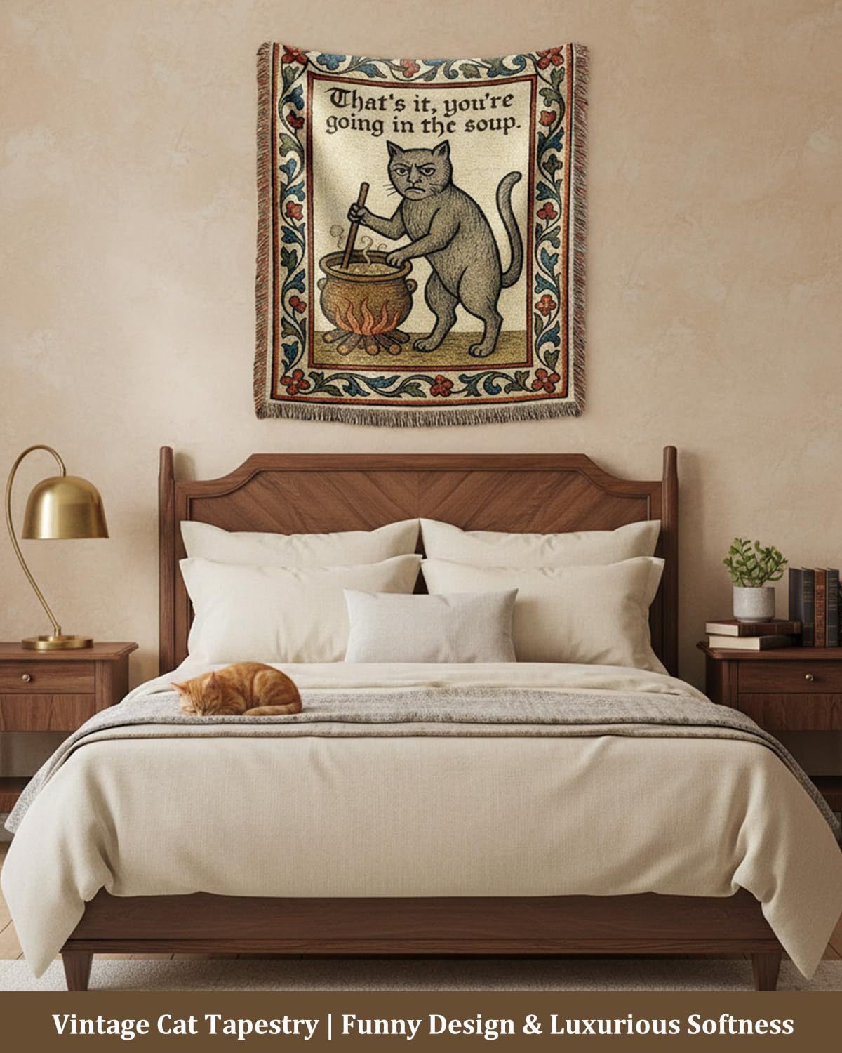 Mevious Weird Medieval Cat Tapestry closeup weave showing rich texture for cozy décor.