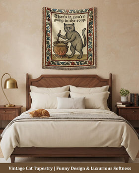 Mevious Weird Medieval Cat Tapestry closeup weave showing rich texture for cozy décor.
