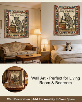Mevious Weird Medieval Cat Tapestry fringe tassels frame the edges with detail.