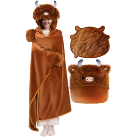 Mewaii Highland Cow Blanket Hoodie front view showing plush softness and full coverage.