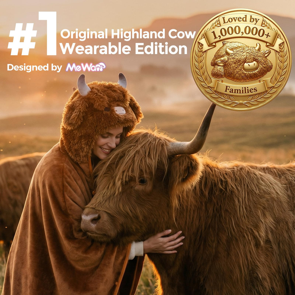 Mewaii model wearing Highland Cow hoodie demonstrates versatile wear at home.
