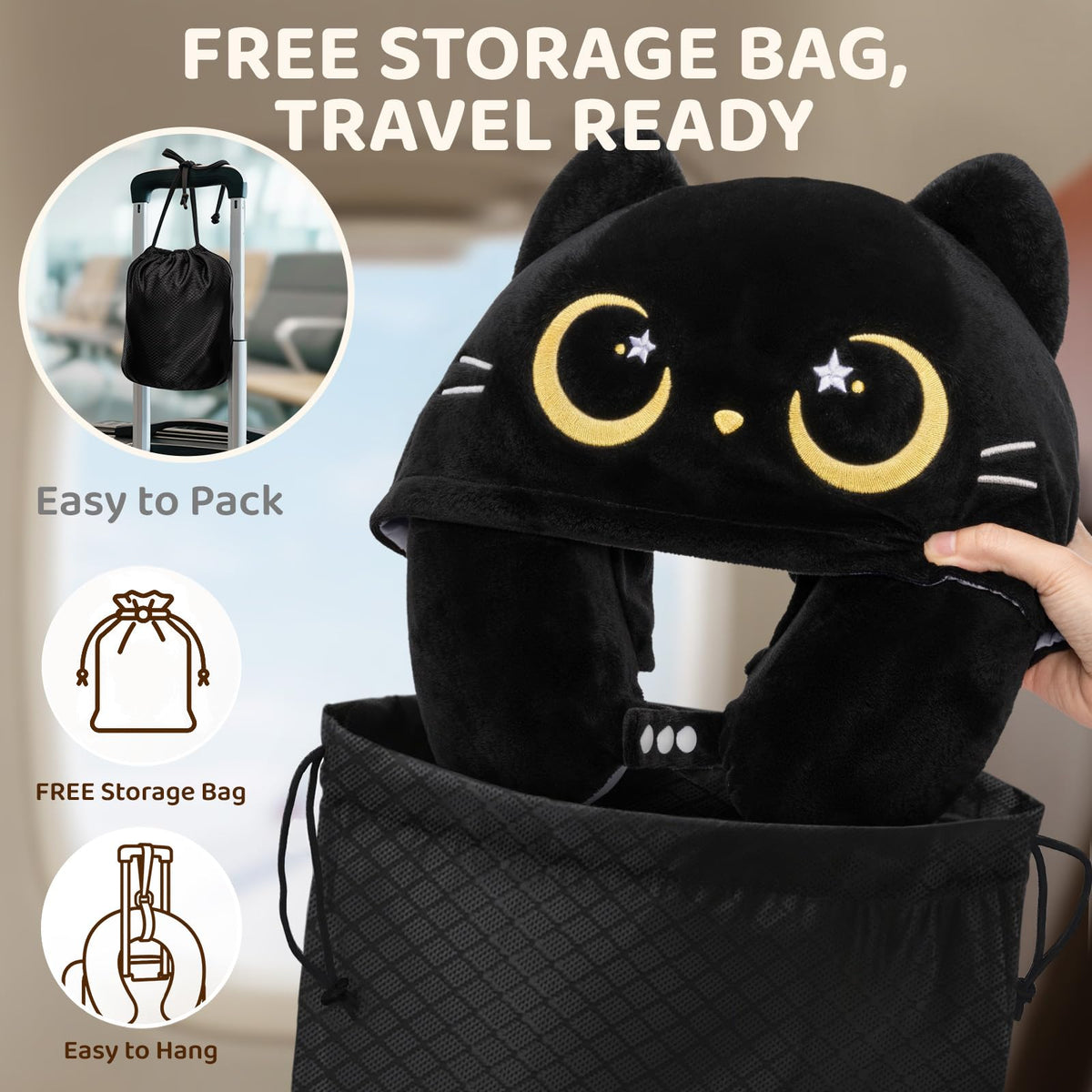 Mewaii cat-hood design provides cozy privacy on planes.