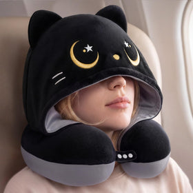 Mewaii travel neck pillow with hood, front view, highlighting privacy on long flights.