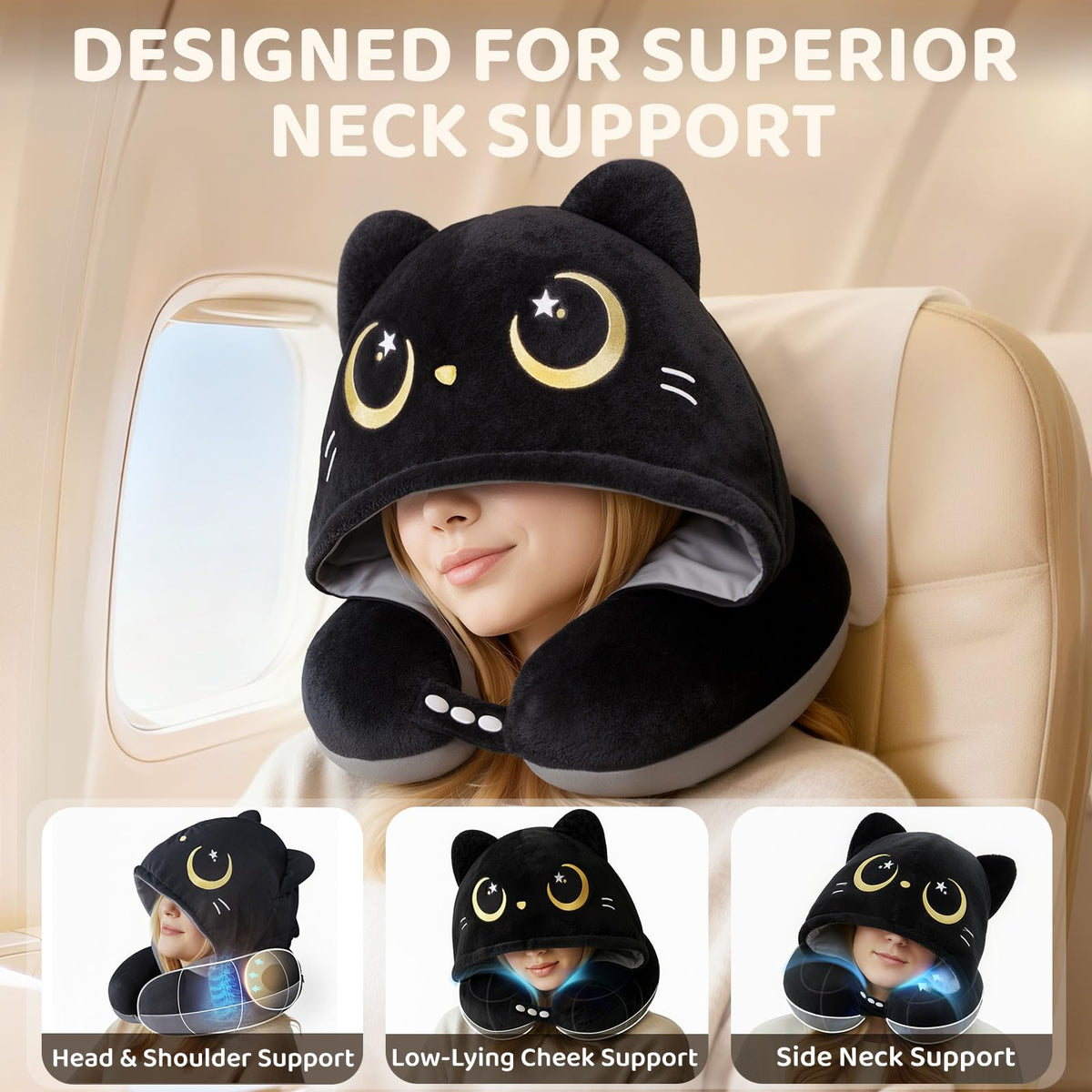 Mewaii memory foam pillow with hood, close-up showing adaptive neck support.