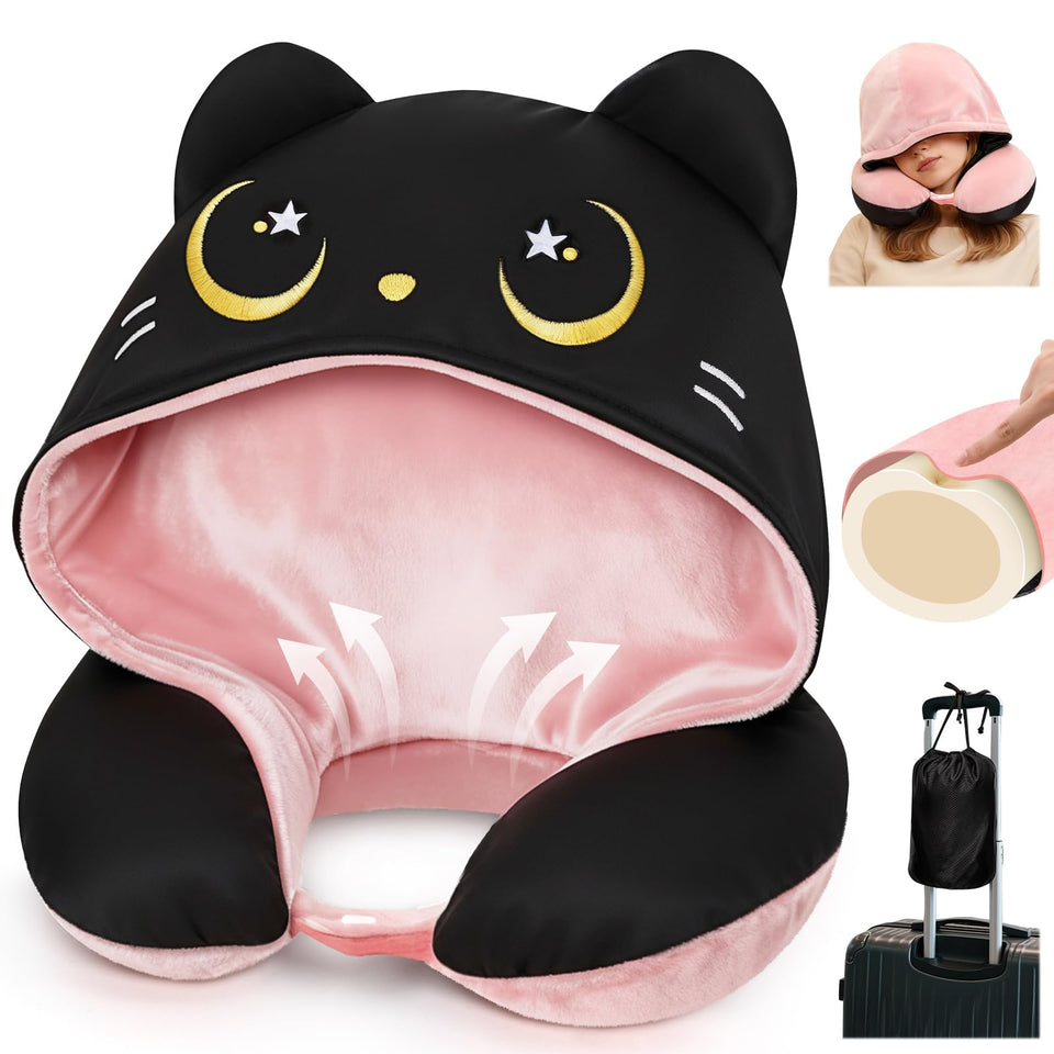 Mewaii travel neck pillow with hood offering privacy and comfort on flights.