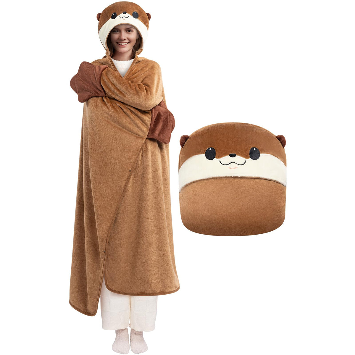 Mewaii Otter Blanket Hoodie front view highlights plush warmth for cozy lounging