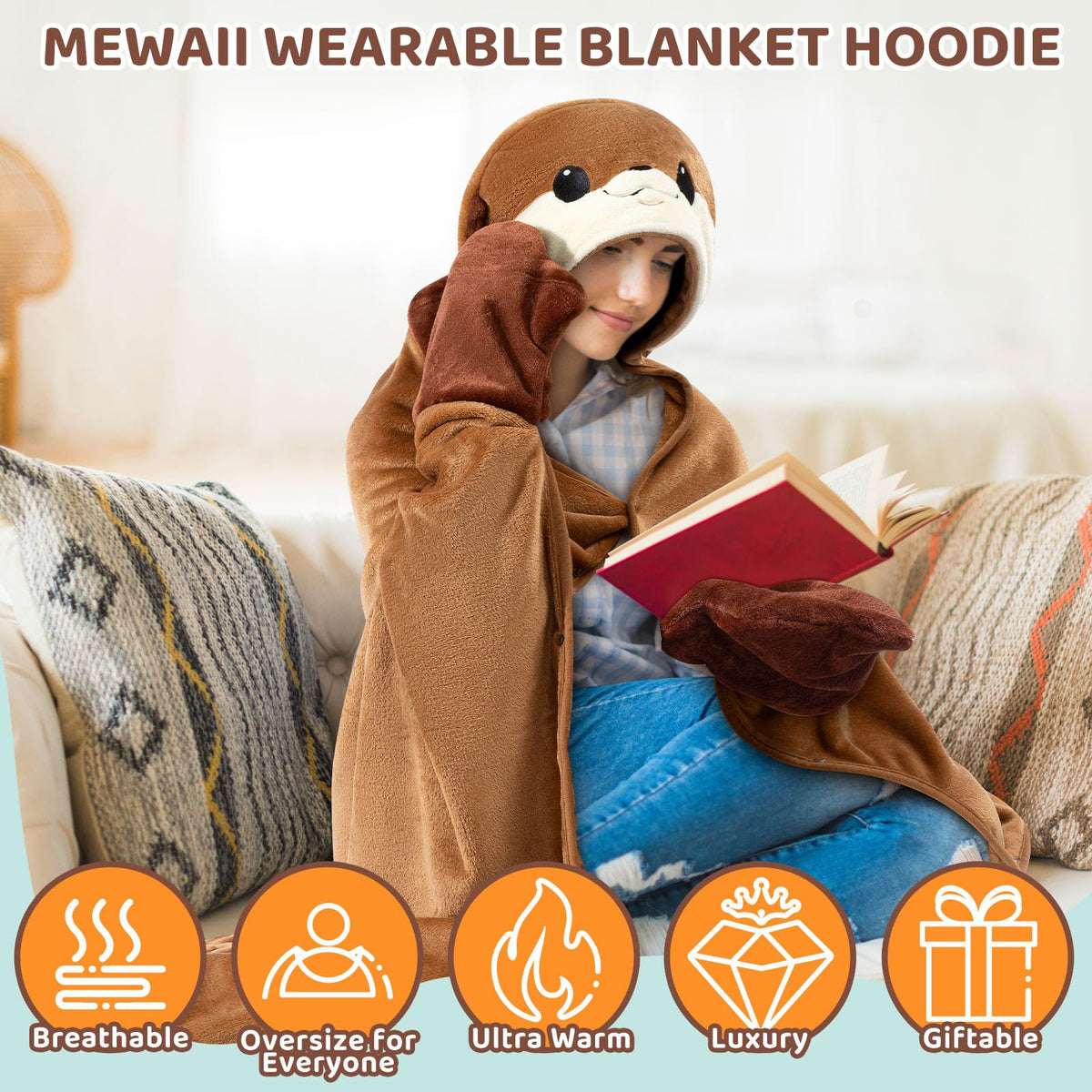 Mewaii Otter Blanket Hoodie worn for relaxing at home with easy movement