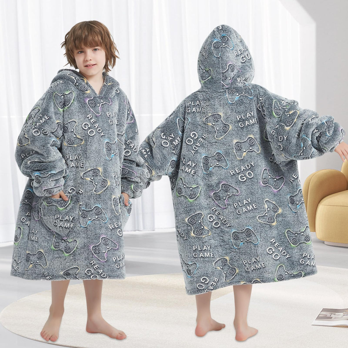 Mewkou game-controller print hoodie; celebrates gaming while staying warm.