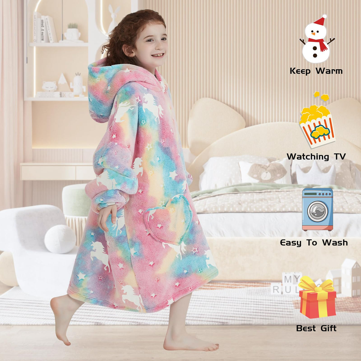 Mewkou kids hooded blanket glow-in-the-dark rainbow unicorns for nighttime fun