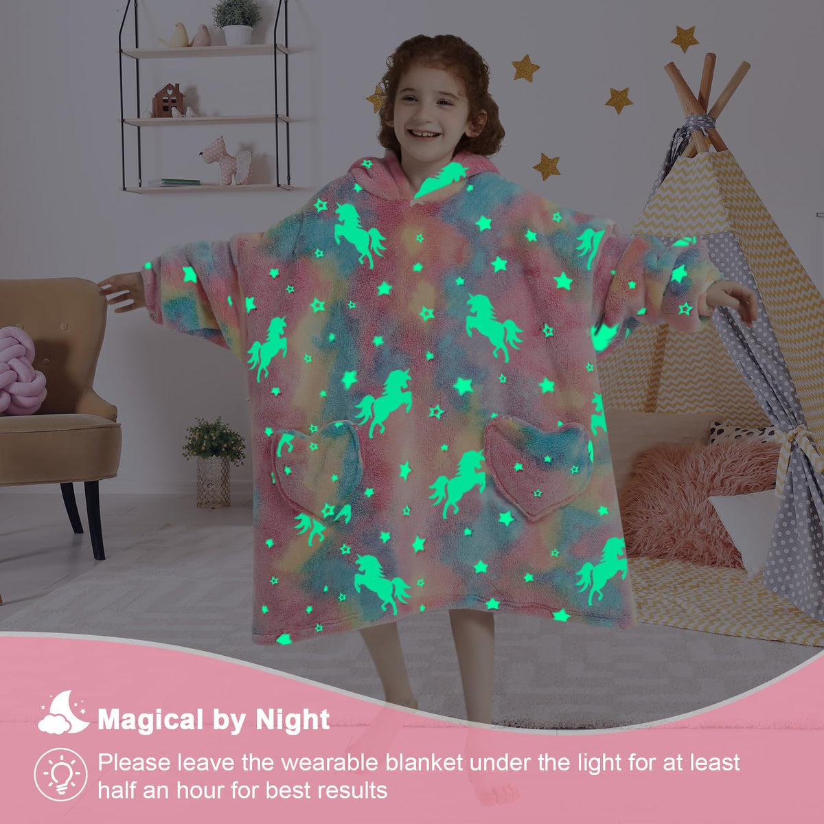 Mewkou kids oversized hoodie blanket with large pockets for snacks and treasures