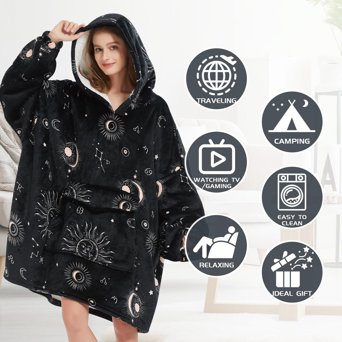 Mewkou model wearing oversized blanket hoodie for lounging and outdoors.