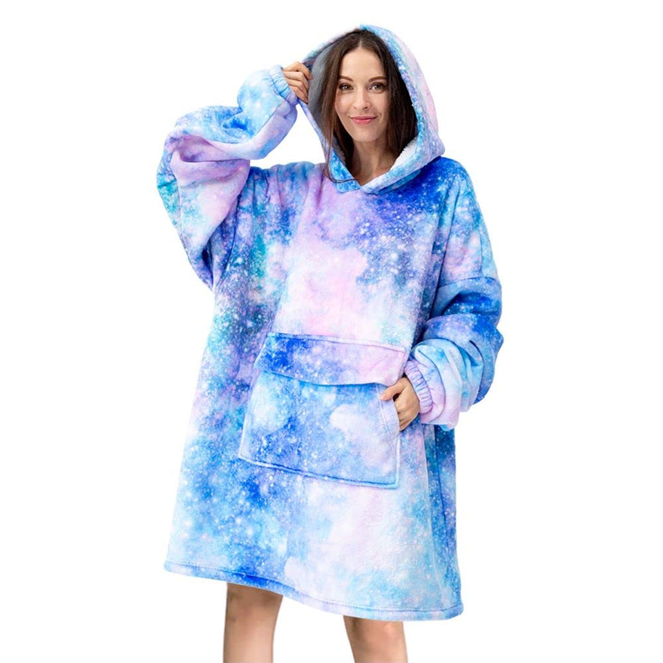 Mewkou wearable blanket hoodie front view in Galaxy pattern for cozy lounging.