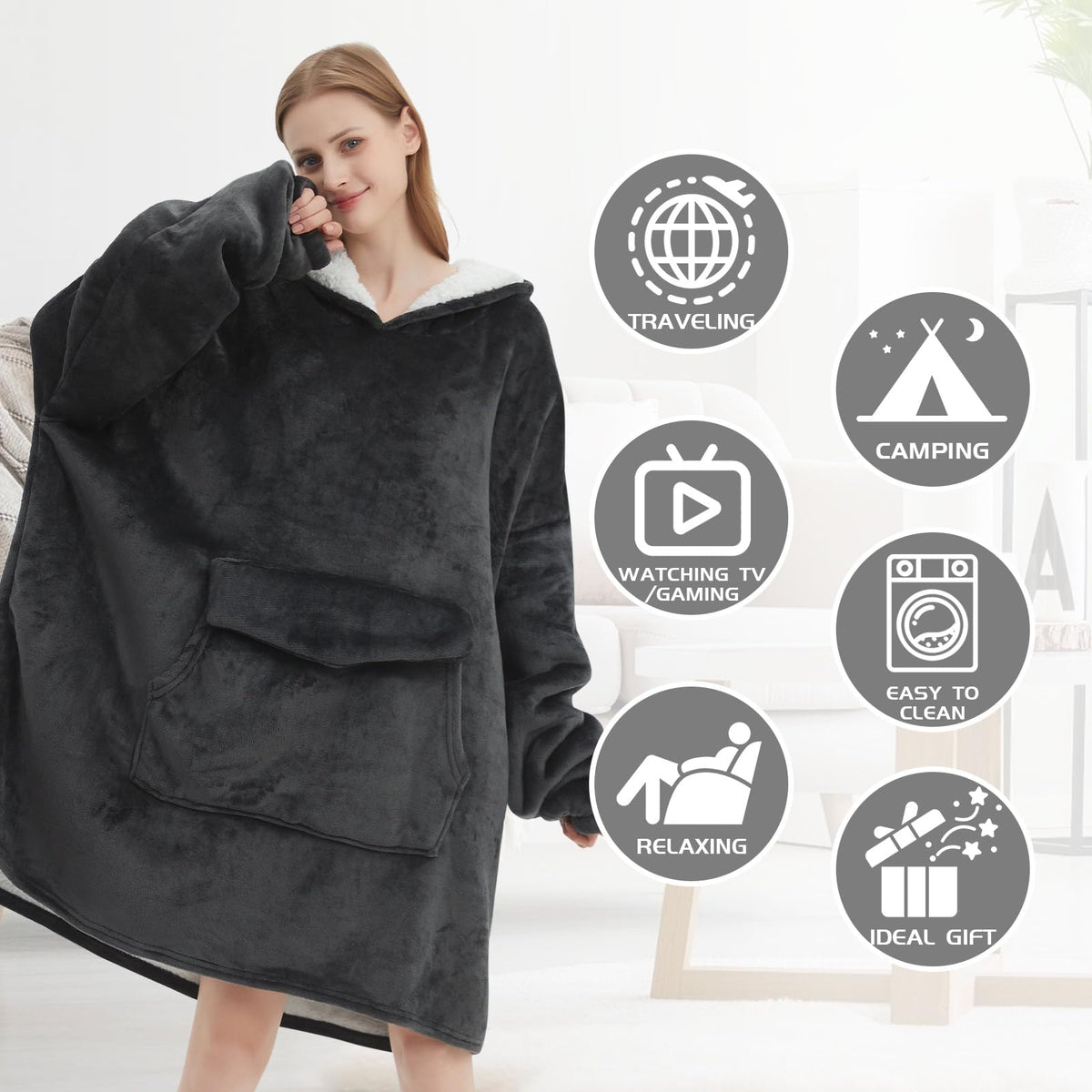 Mewkou wearable blanket hoodie grey back view emphasizes relaxed comfort
