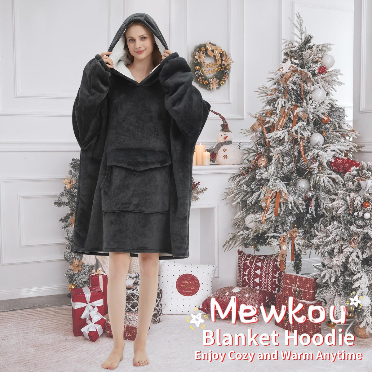 Mewkou wearable blanket hoodie grey outdoors view showcases versatility