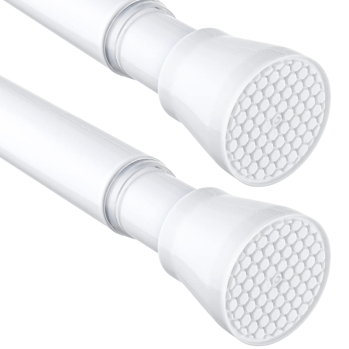 MEXAU 2-pack white tension curtain rod assembly with easy no-drill installation.