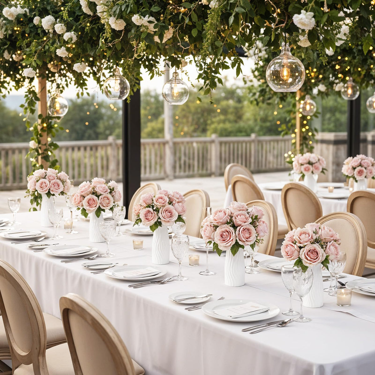 Meyeyaia creative floral displays using white vases for events.