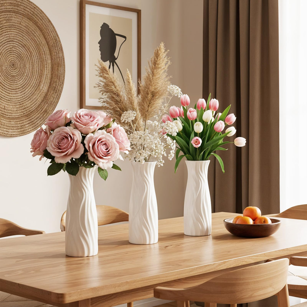 Meyeyaia white plastic vases for centerpieces, versatile with blooms.