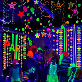MFLUEEWR long neon glow streamers create cascading color along walls.