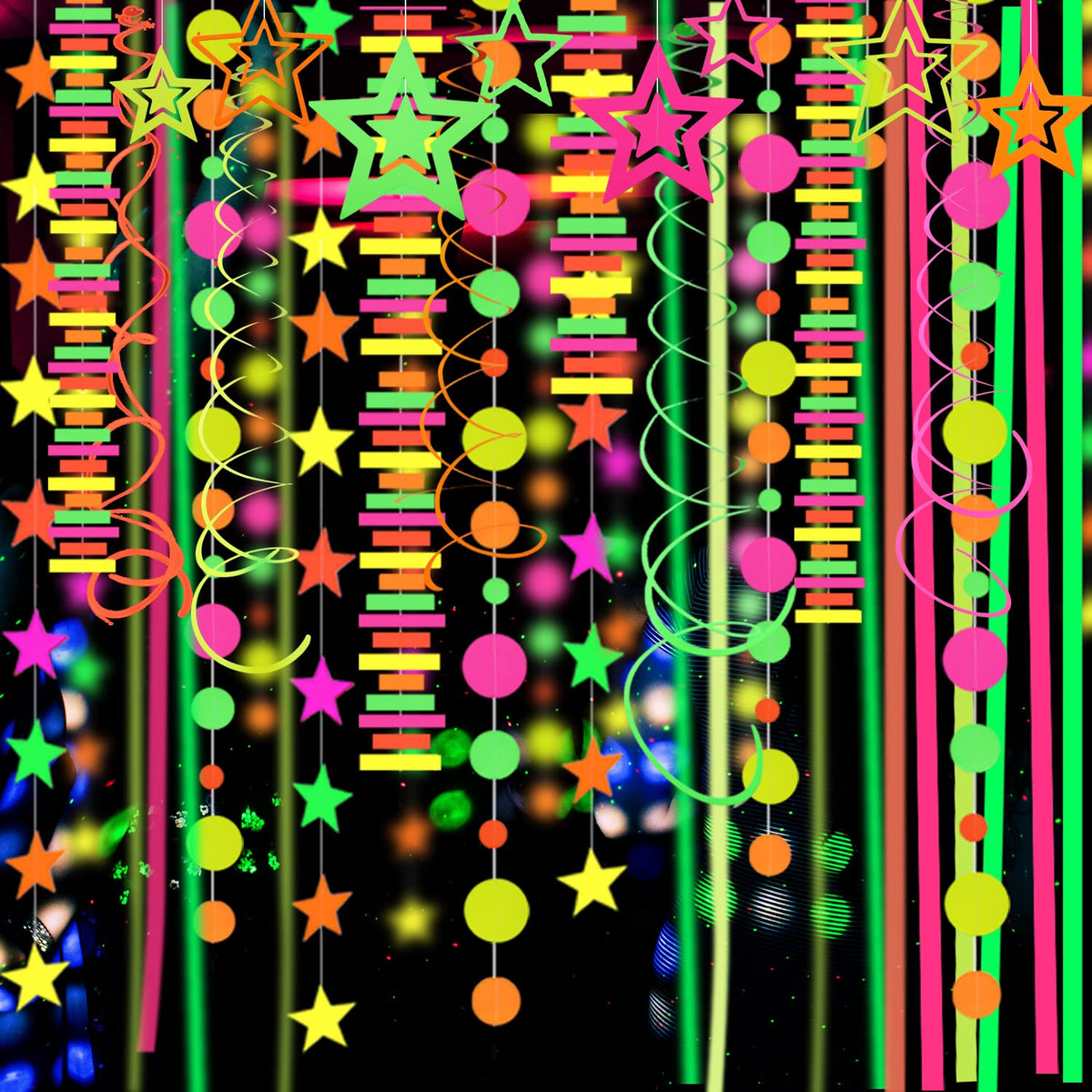 MFLUEEWR neon swirl streamers add dynamic motion when suspended.