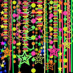 MFLUEEWR 540feet star neon garland glows under UV light for vibrant party decor.