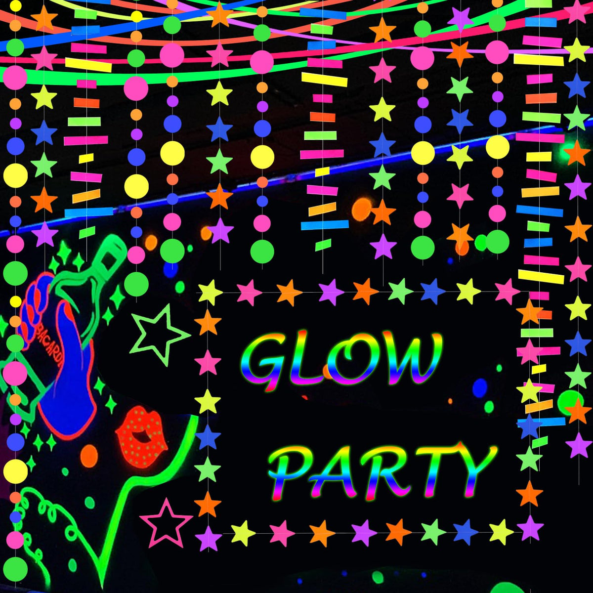MFLUEEWR 702feet neon garland round-dot sparkles under blacklight for party visuals.
